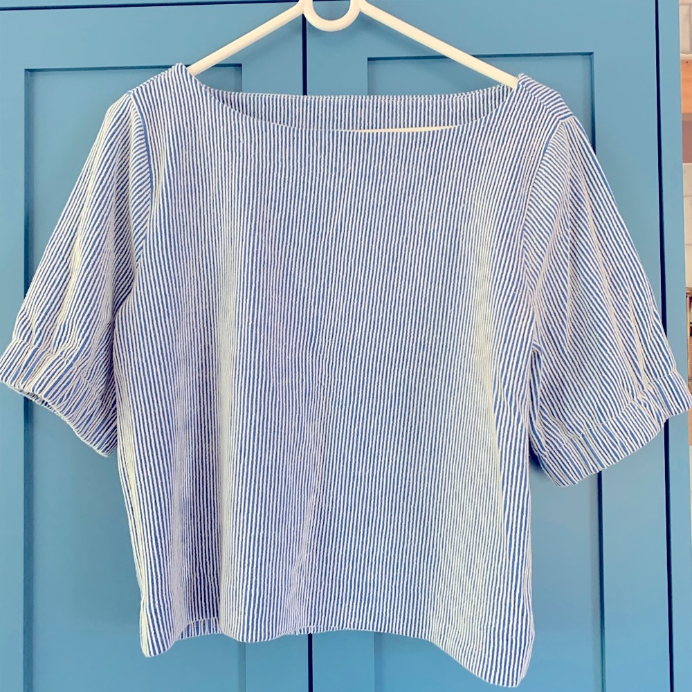 J. Crew Candystripe Seersucker Cropped T-Shirt / Blouse